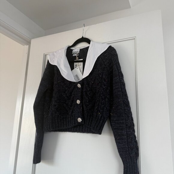 NWT Ganni Cropped Cardigan Sweater Poplin Collar In Sky Captain Cable Knit Wool - Picture 6 of 10
